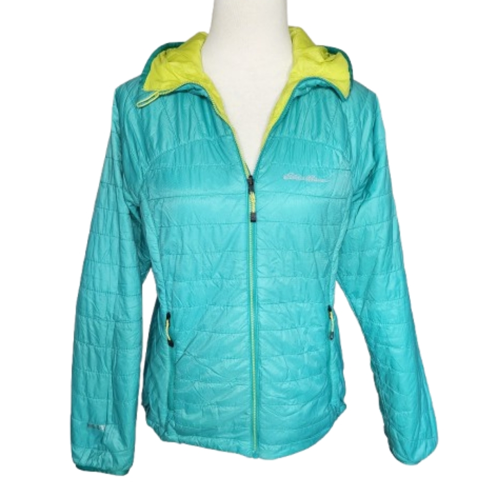 Eddie Bauer women's turquoise packable puffer jacket with hood Women' size small